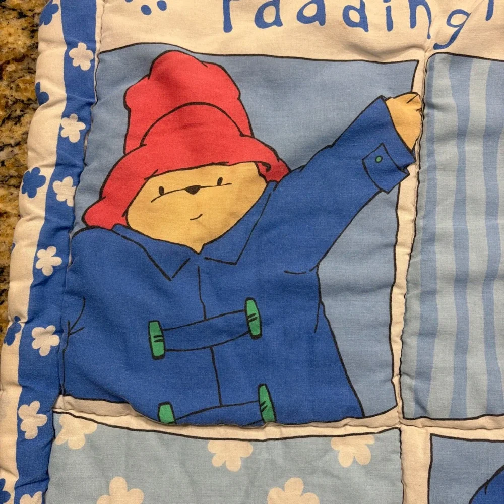 Vintage Paddington Bear Quilted Baby Blanket Nursery Wall Hanging Blue White v